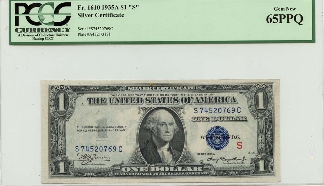 PCGS Gem 65PPQ 1935A Experimental S $1 Silver Certificate: PCGS Gem 65PPQ 1935A Experimental S $1 Silver Certificate This 1935A $1 Experimental (S) Silver Certificate is graded Gem 65PPQ by PCGS Currency. The note is uncirculated and features a Type 1610 desi