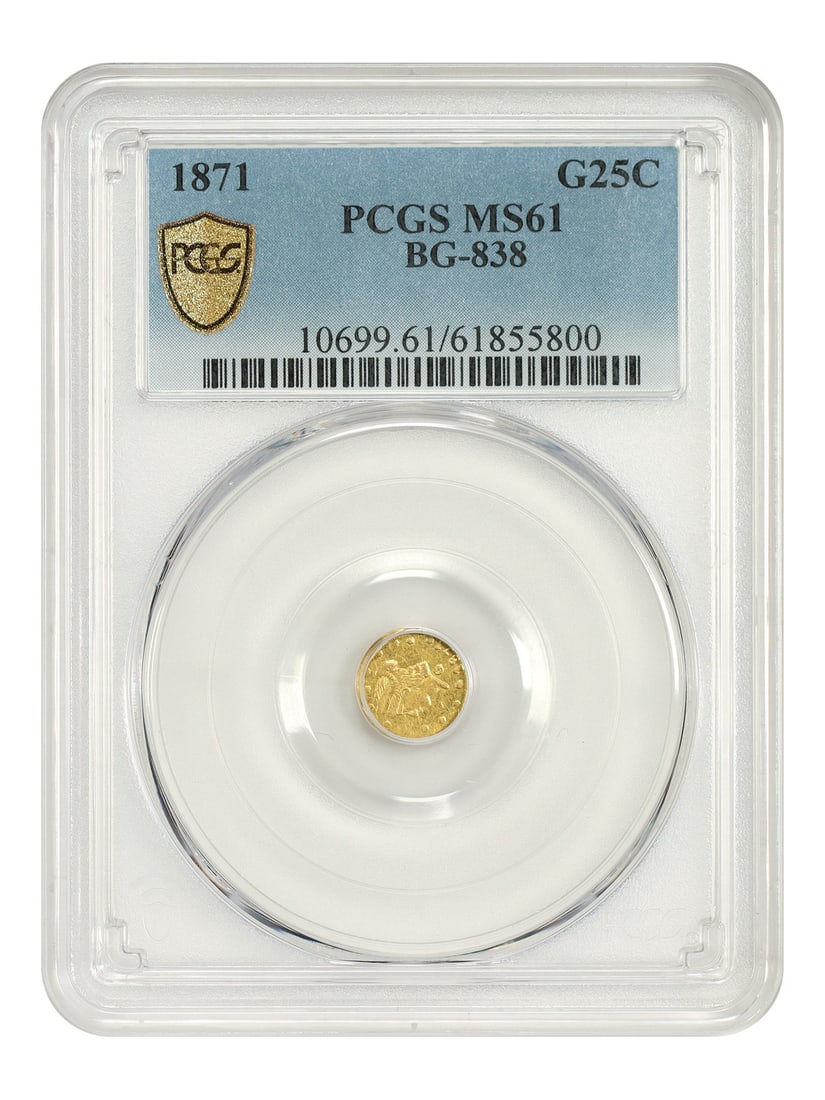 1871 California Fractional Gold 25C PCGS MS61 BG-838: 1871 California Fractional Gold 25C PCGS MS61 BG-838 1871 California Fractional Gold 25C coin certified by PCGS. This pre-owned example is listed as uncirculated and identified as BG-838 in the title.