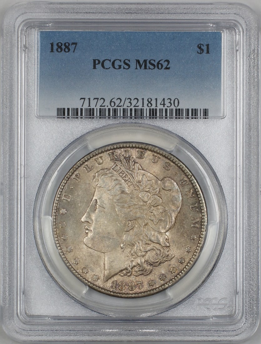 PCGS MS62 1887 Morgan silver dollar: PCGS MS62 1887 Morgan silver dollar This 1887 Morgan Silver Dollar features a beautiful natural toning and is certified by PCGS with a grade of MS-62. Struck in Philadelphia, this uncirculated coin is