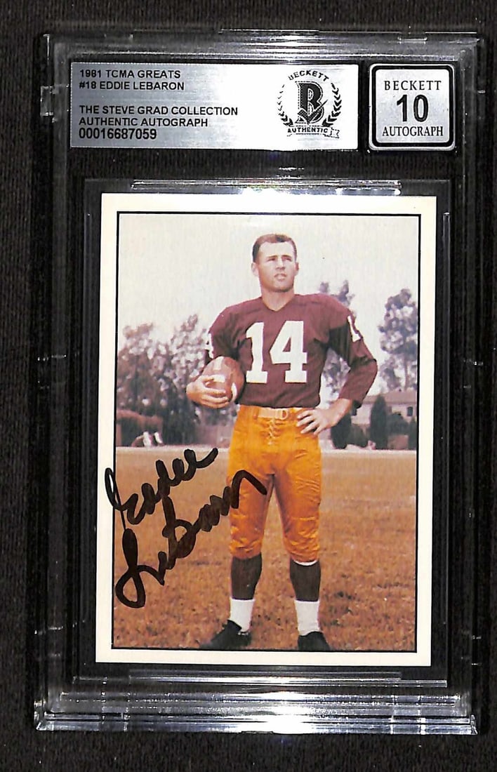 Eddie LeBaron Signed 1981 TCMA Greats Card Auto Grade 10 Beckett: Eddie LeBaron Signed 1981 TCMA Greats Card Auto Grade 10 Beckett This is a rare autographed sports trading card featuring Eddie LeBaron from the 1981 TCMA Greats series, card number 18. The card is si