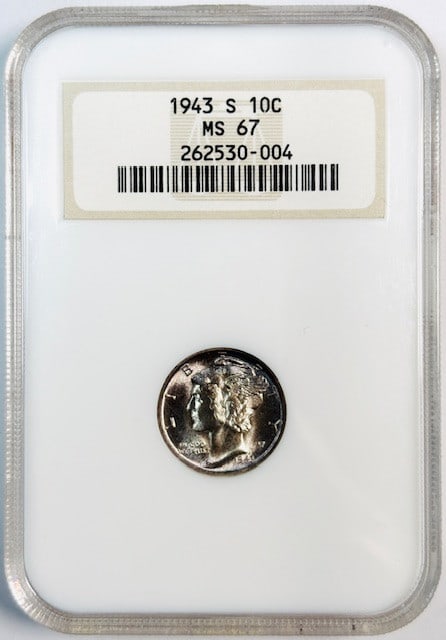 San Francisco 1943 Silver Dime NGC MS 67 Uncirculated: San Francisco 1943 Silver Dime NGC MS 67 Uncirculated This is a 1943 S Mercury Dime graded MS-67 by NGC. It is composed of silver, minted in San Francisco, and remains in uncirculated condition. The c