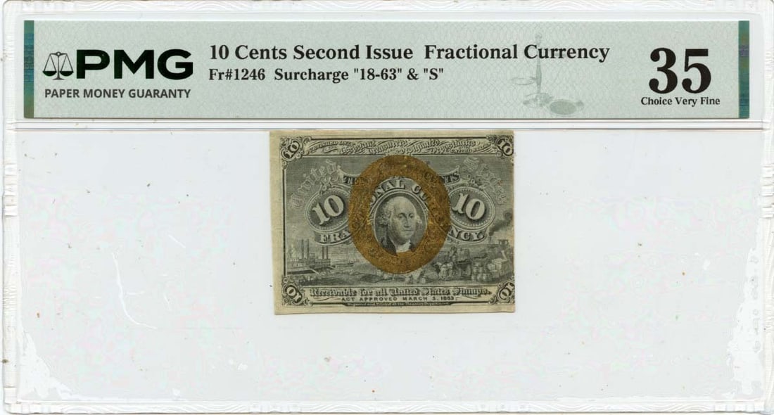 PMG VF35 Second Issue 10 Cent U S Fractional Note FR1246: PMG VF35 Second Issue 10 Cent U S Fractional Note FR1246 This is a United States fractional currency note from the Second Issue, denominated at 10 cents. The note has been certified by PMG with a grad