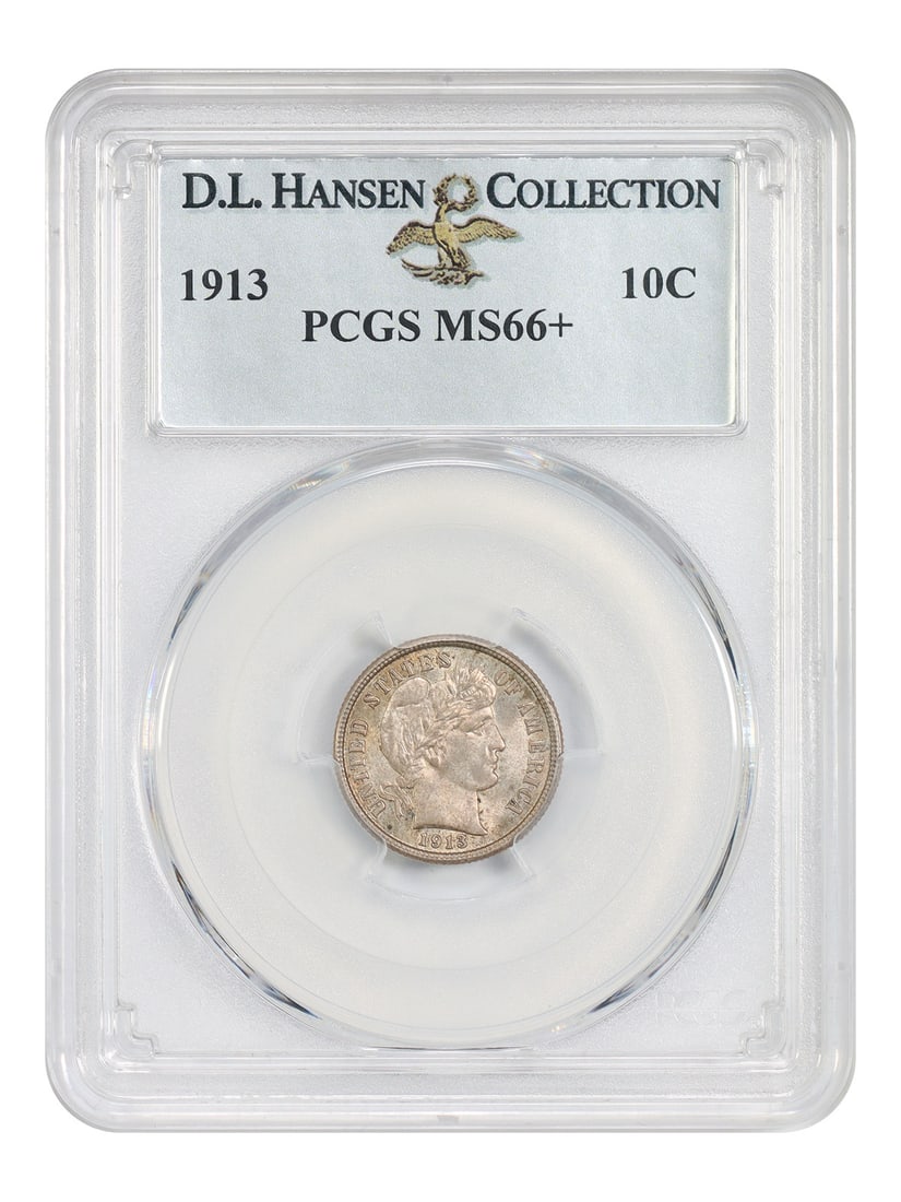 PCGS MS66+ 1913 Barber Dime 10C Philadelphia issue: PCGS MS66+ 1913 Barber Dime 10C Philadelphia issue 1913 Barber Dime certified by PCGS as MS66+ and offered from the ex: D.L. Hansen collection. This uncirculated example is described as a common date 
