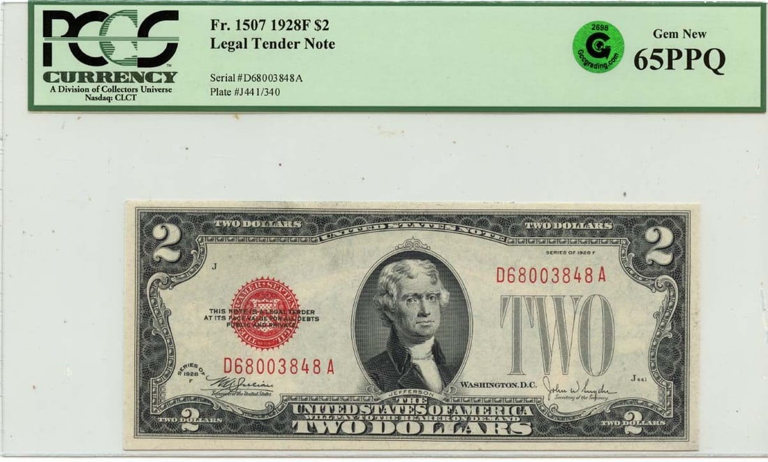 PCGS 65 EPQ 1928F $2 United States Legal Tender Note FR#1507 (1 of 2)