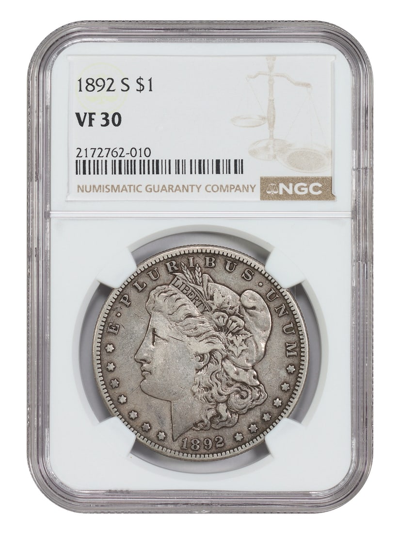 NGC VF30 1892-S Morgan Silver Dollar $1 San Francisco Mint: NGC VF30 1892-S Morgan Silver Dollar $1 San Francisco Mint 1892-S Morgan Dollar certified by NGC in VF30 condition. This circulated example is a scarce date and a true conditional rarity, as these coi