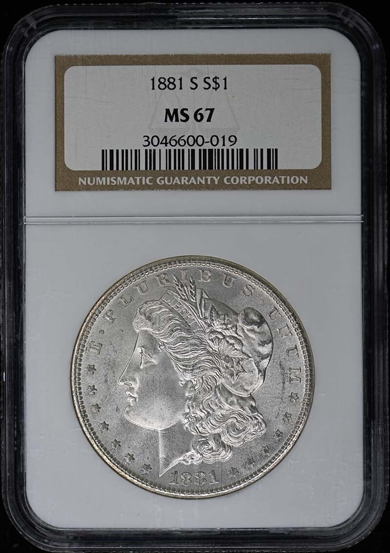 1881-S NGC MS67 Uncirculated Morgan Dollar San Francisco: 1881-S NGC MS67 Uncirculated Morgan Dollar San Francisco This stunning 1881-S Morgan Dollar, certified by NGC with a grade of MS67, is a remarkable example of American coinage. Struck at the San Franc