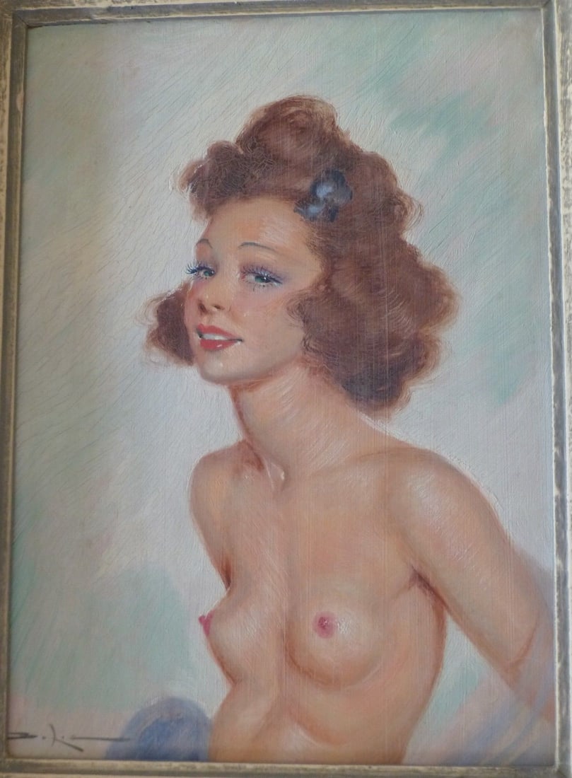 Bo Lis signed French nude canvas painting 11 x 15: Bo Lis signed French nude canvas painting 11 x 15 This painting titled "French Woman" by Bo Lis features a realistic depiction of a young nude woman. Executed on canvas, the artwork reflects the artis