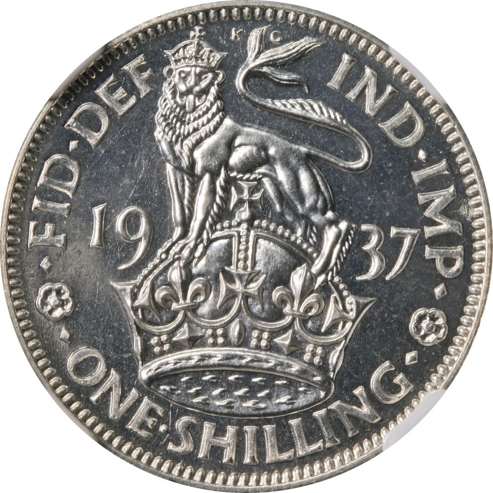 1937 Great Britain 1 Shilling Silver Proof NGC PF64: 1937 Great Britain 1 Shilling Silver Proof NGC PF64 1937 Great Britain 1 Shilling English Crest proof coin with strong eye appeal, fantastic luster, and a strong strike. Described as blast white and p