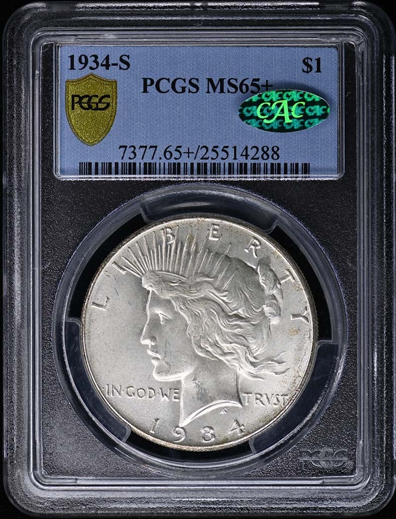 1934-S Peace Dollar PCGS MS65+ Certified CAC: 1934-S Peace Dollar PCGS MS65+ Certified CAC This 1934-S Peace Dollar, certified by PCGS with a grade of MS65+, is a stellar addition to any coin collection. Struck in San Francisco, this uncirculated