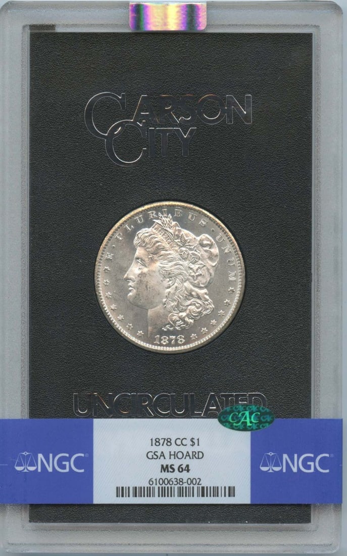 NGC MS64 1878 Carson City Morgan Silver Dollar GSA Hoard CAC: NGC MS64 1878 Carson City Morgan Silver Dollar GSA Hoard CAC This 1878-CC Morgan Dollar from the GSA Hoard is graded MS64 by NGC and features the CAC endorsement. Minted in Carson City, this uncircula