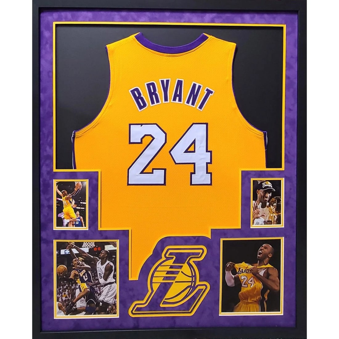 Framed Los Angeles Lakers Kobe Bryant Unsigned Jersey: Framed Los Angeles Lakers Kobe Bryant Unsigned Jersey This is an unsigned, framed Kobe Bryant Los Angeles Lakers jersey, featuring detailed framing and a prominent team logo. The display is protected 
