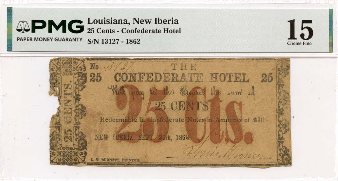 PMG F15 1862 New Iberia Louisiana 25 Cents Obsolete Note Confederate Hotel (1 of 2)