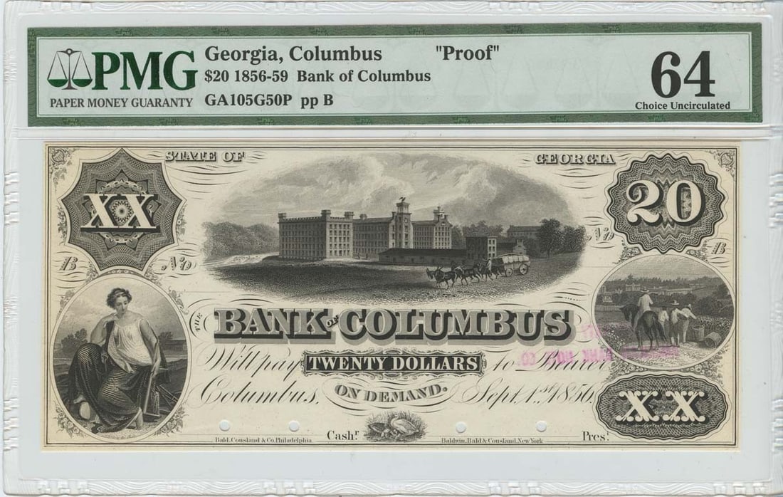 PMG CU64 1856 59 Columbus Georgia Bank of Columbus $20 Obsolete Note (1 of 2)