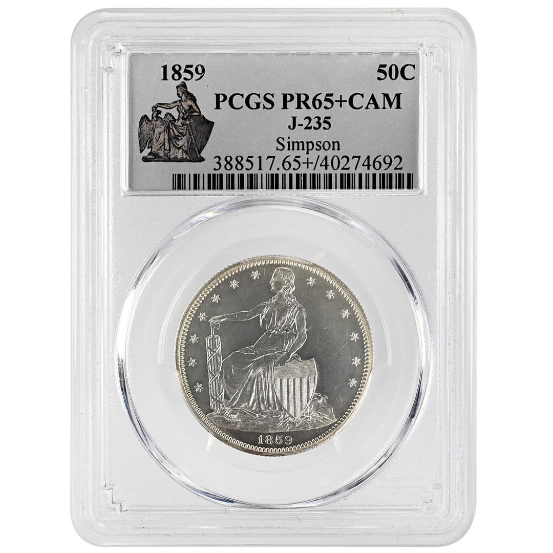 1859 J-235 50C Pattern Silver Coin PCGS PR65+ CAM: 1859 J-235 50C Pattern Silver Coin PCGS PR65+ CAM 1859 50C J-235 pattern coin certified by PCGS as PR65+ CAM. This silver United States issue from Philadelphia is described as blast white with frosted
