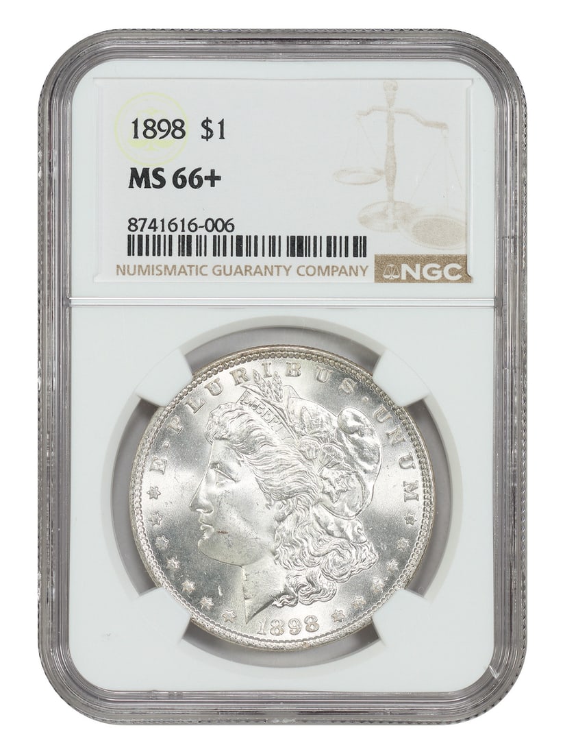 NGC MS66+ 1898 Morgan Silver Dollar Philadelphia $1 Coin: NGC MS66+ 1898 Morgan Silver Dollar Philadelphia $1 Coin 1898 Morgan Dollar certified by NGC in MS66+ condition. This uncirculated example is described as a popular collector date and is considered a 