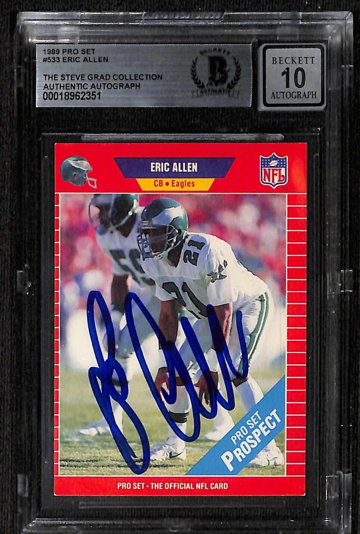 Beckett Authenticated Eric Allen 1989 Pro Set Eagles RC Card Auto 10: Beckett Authenticated Eric Allen 1989 Pro Set Eagles RC Card Auto 10 This 1989 Pro Set #533 football card features Eric Allen of the Philadelphia Eagles and has been hand-signed by the standout corner