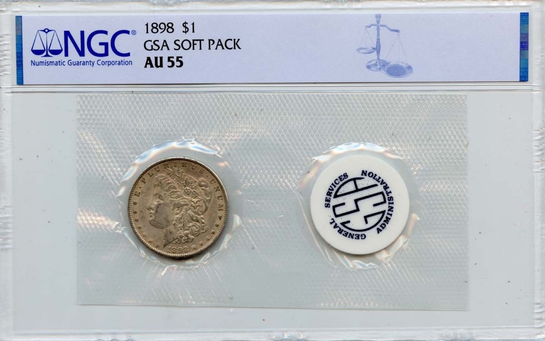 1898 Philadelphia Morgan Silver Dollar NGC AU55 Soft Pack: 1898 Philadelphia Morgan Silver Dollar NGC AU55 Soft Pack This 1898 Morgan Dollar is certified by NGC with a grade of AU55 and comes in a GSA soft pack. Minted in Philadelphia, this circulated coin is