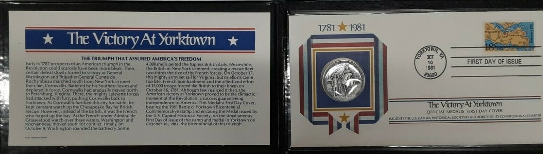Yorktown Bicentennial Bronze Medal with Stamp and FDC Presented in Folder: Yorktown Bicentennial Bronze Medal with Stamp and FDC Presented in Folder This collectible set commemorates the Bicentennial of the Battle of Yorktown in 1781. It features a silver plated bronze medal