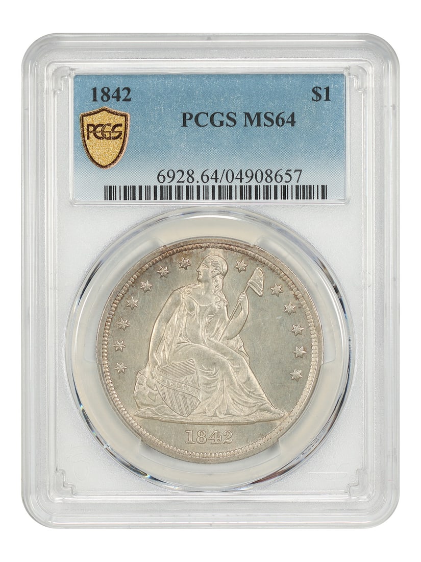 1842 Liberty Seated Silver Dollar PCGS MS64 Philadelphia Issue: 1842 Liberty Seated Silver Dollar PCGS MS64 Philadelphia Issue 1842 Liberty Seated Dollar certified by PCGS as MS64. A nominal mintage of 184,618 left very few in uncirculated condition, and this date