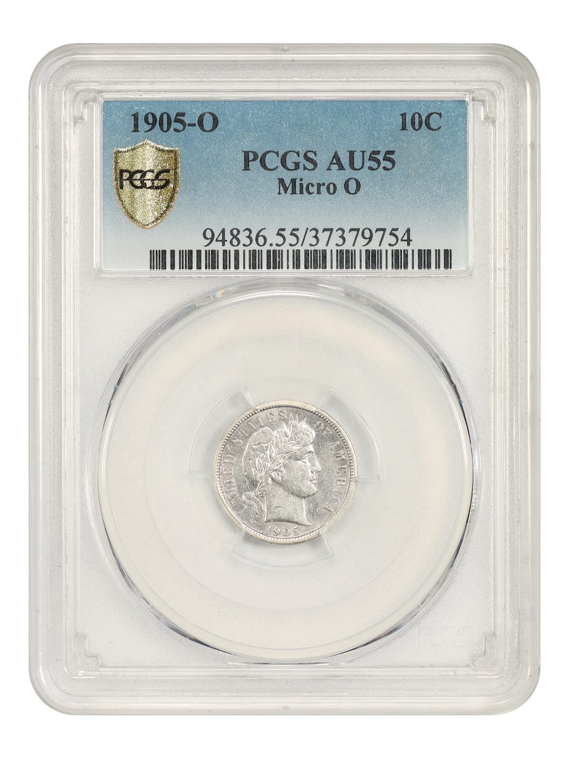 PCGS AU55 1905 O Barber Dime Micro O 10C Variety: PCGS AU55 1905 O Barber Dime Micro O 10C Variety 1905-O Barber Dime, certified by PCGS as AU55. This circulated example is the Micro O variety, one of the most popular varieties in the Barber dime ser