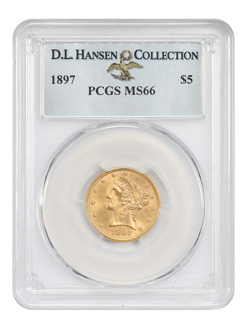 1897 Liberty Head Half Eagle $5 PCGS MS66 Gold Coin: 1897 Liberty Head Half Eagle $5 PCGS MS66 Gold Coin 1897 Liberty Head $5 gold coin graded PCGS MS66, ex: D.L. Hansen. The vast majority of all 1897 Half Eagles were shipped overseas immediately after 