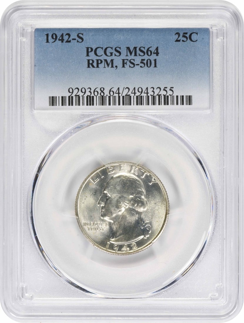 PCGS MS64 1942 S Washington Silver Quarter FS-501 RPM: PCGS MS64 1942 S Washington Silver Quarter FS-501 RPM 1942-S Washington silver quarter with RPM FS-501 attribution, graded MS64 by PCGS. This pre-owned United States 25C coin is struck in silver and f