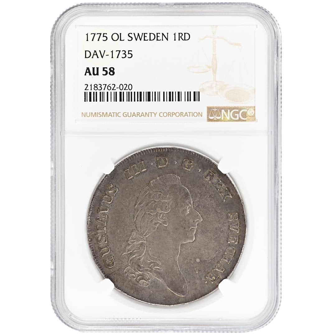 Sweden 1775 Gustav III 1 Riksdaler Silver Coin NGC AU58: Sweden 1775 Gustav III 1 Riksdaler Silver Coin NGC AU58 1775 OL 1 Riksdaler coin from Sweden issued under Gustav III. This silver coin is a circulated example graded AU58 by NGC and is offered as a pr