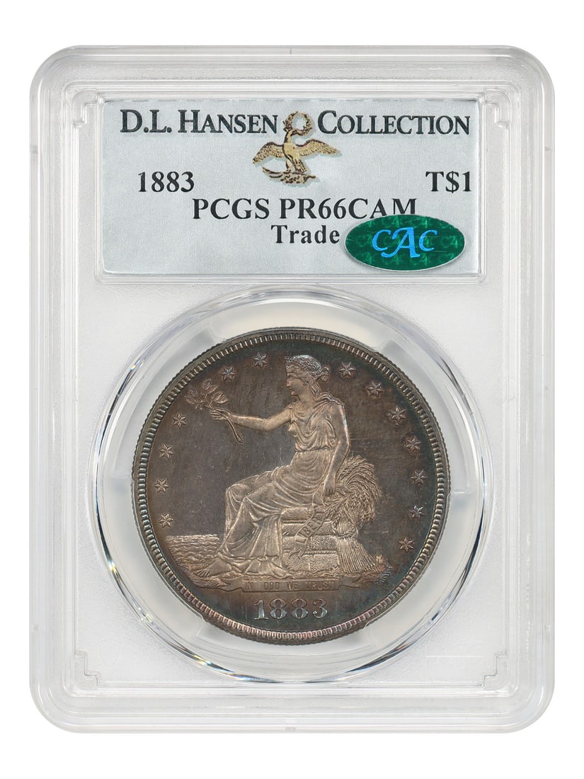 1883 Trade Dollar T$1 PCGS CAC PR66CAM ex D.L. Hansen: 1883 Trade Dollar T$1 PCGS CAC PR66CAM ex D.L. Hansen 1883 Trade Dollar certified by PCGS and CAC in PR66CAM, ex: D.L. Hansen. This proof-only issue had a mintage of just 979 coins struck overall. Des