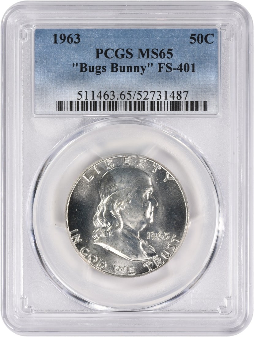 1963 Franklin Half Dollar Bugs Bunny FS-401 MS65 PCGS Certified: 1963 Franklin Half Dollar Bugs Bunny FS-401 MS65 PCGS Certified This 1963 Franklin Silver Half Dollar, also known as the Bugs Bunny variety (FS-401), is a remarkable collectible coin certified by PCGS
