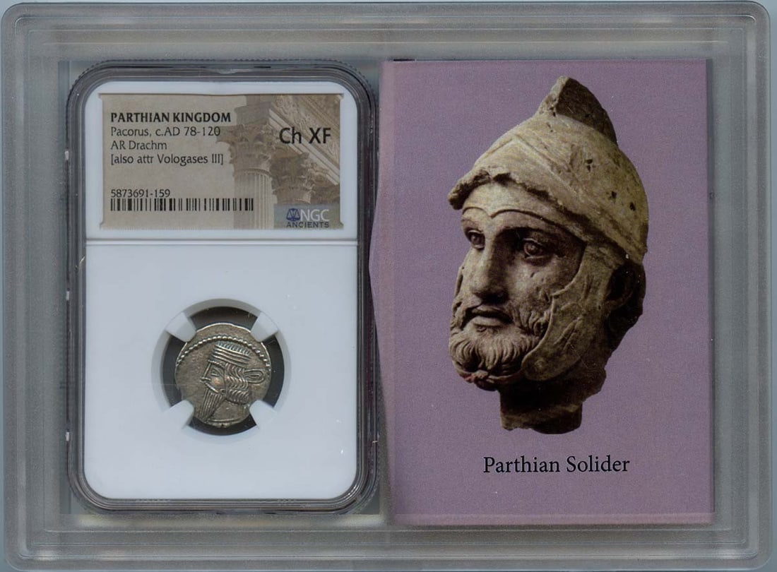 Pacorus AR Drachm c.AD 78-120 NGC XF45 Certified Coin: Pacorus AR Drachm c.AD 78-120 NGC XF45 Certified Coin This exquisite Parthian AR Drachm, dating from approximately AD 78-120, showcases the historical significance of the Pacorus era. Graded XF45 by N