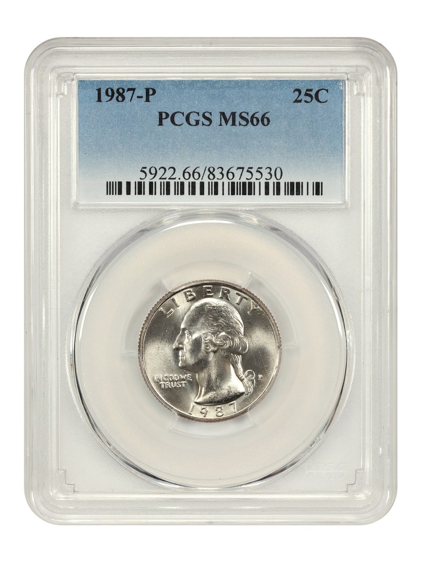 PCGS MS66 1987-P Washington Quarter 25C Uncirculated: PCGS MS66 1987-P Washington Quarter 25C Uncirculated 1987-P Washington Quarter certified by PCGS in MS66 grade. This pre-owned coin is an uncirculated 25C issue from Philadelphia. Specifications Denom