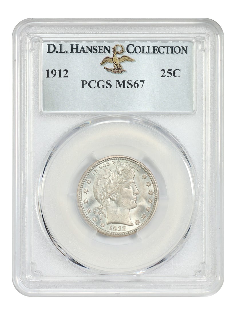 PCGS MS67 1912 Barber Quarter 25C ex D.L. Hansen: PCGS MS67 1912 Barber Quarter 25C ex D.L. Hansen 1912 Barber Quarter certified by PCGS as MS67 and offered from the D.L. Hansen collection. This uncirculated example features creamy white color with l
