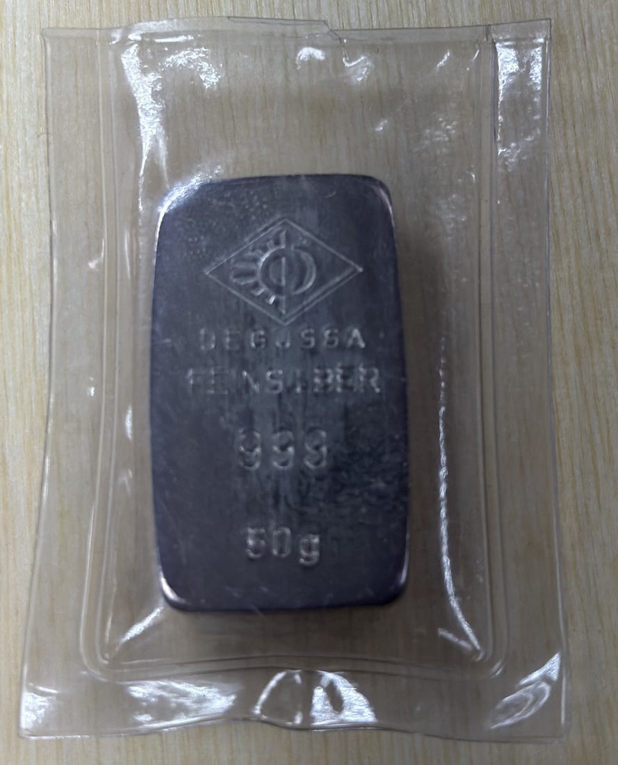 Degussa 50 Gram .999 Silver Bullion Bar Sealed Plastic Germany (1 of 2)
