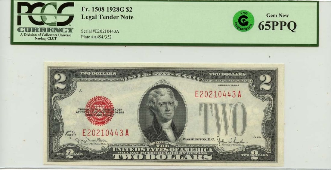 1928G $2 United States Legal Tender Note PCGS Gem 65 EPQ Fr 1508: 1928G $2 United States Legal Tender Note PCGS Gem 65 EPQ Fr 1508 1928G $2 Legal Tender Note, cataloged as FR#1508 and graded PCGS Gem 65 EPQ. This pre-owned United States note is listed as uncirculate