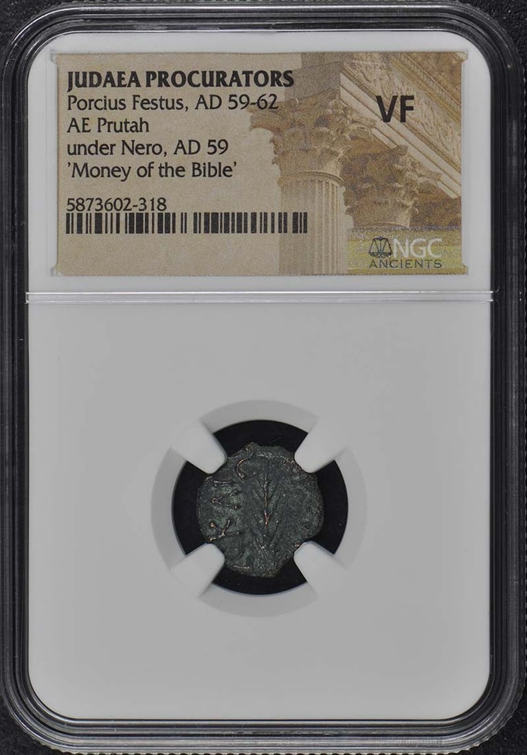 Porcius Festus AE Prutah Ancient Roman Coin NGC VF20: Porcius Festus AE Prutah Ancient Roman Coin NGC VF20 This ancient Roman prutah, issued during the procuratorship of Porcius Festus from AD 59-62, is a notable addition to any collection. Graded by NGC