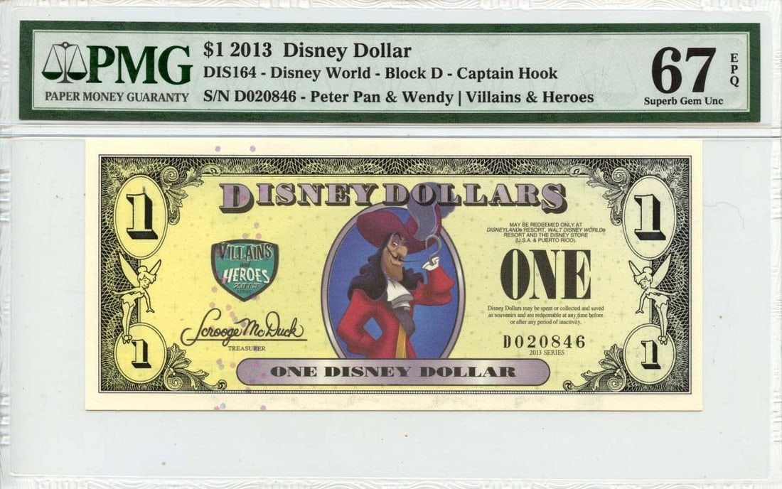 2013 Disney Dollar Uncirculated Captain Hook Peter Pan Wendy PMG MS67 EPQ (1 of 2)