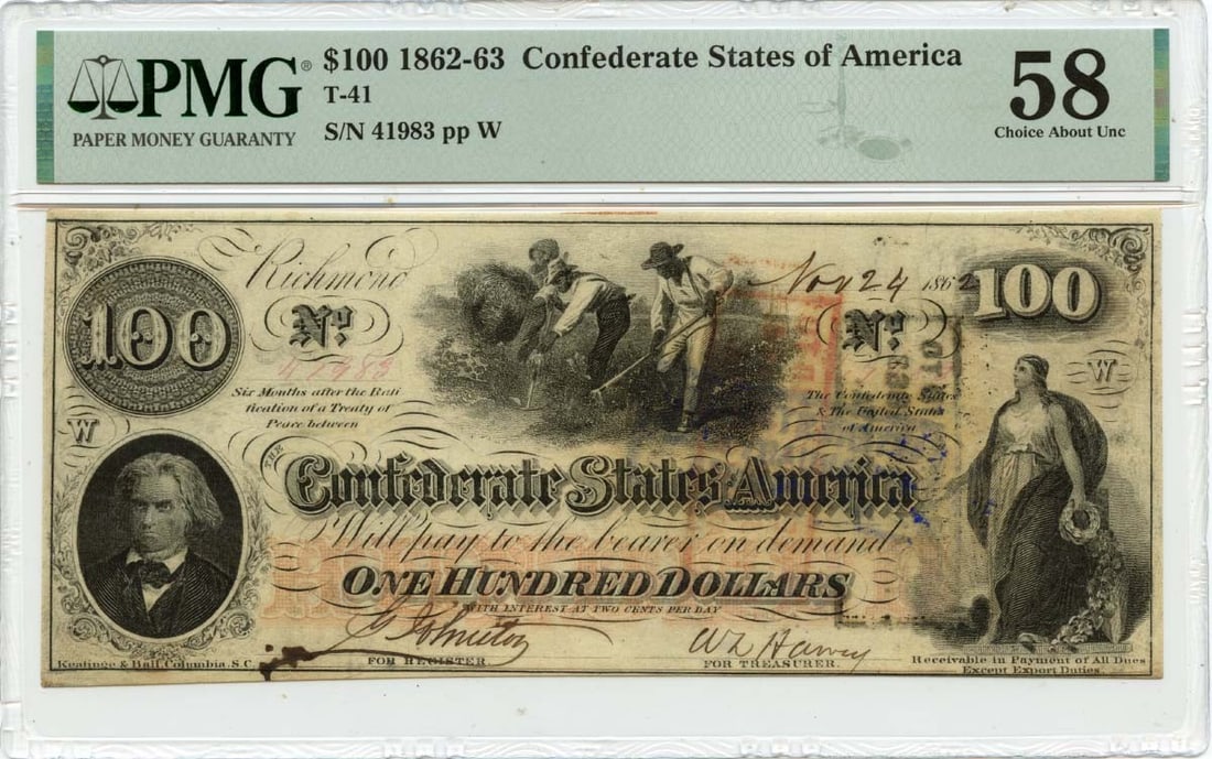 PMG AU58 1862 Confederate States of America $100 T-41 Note (1 of 2)