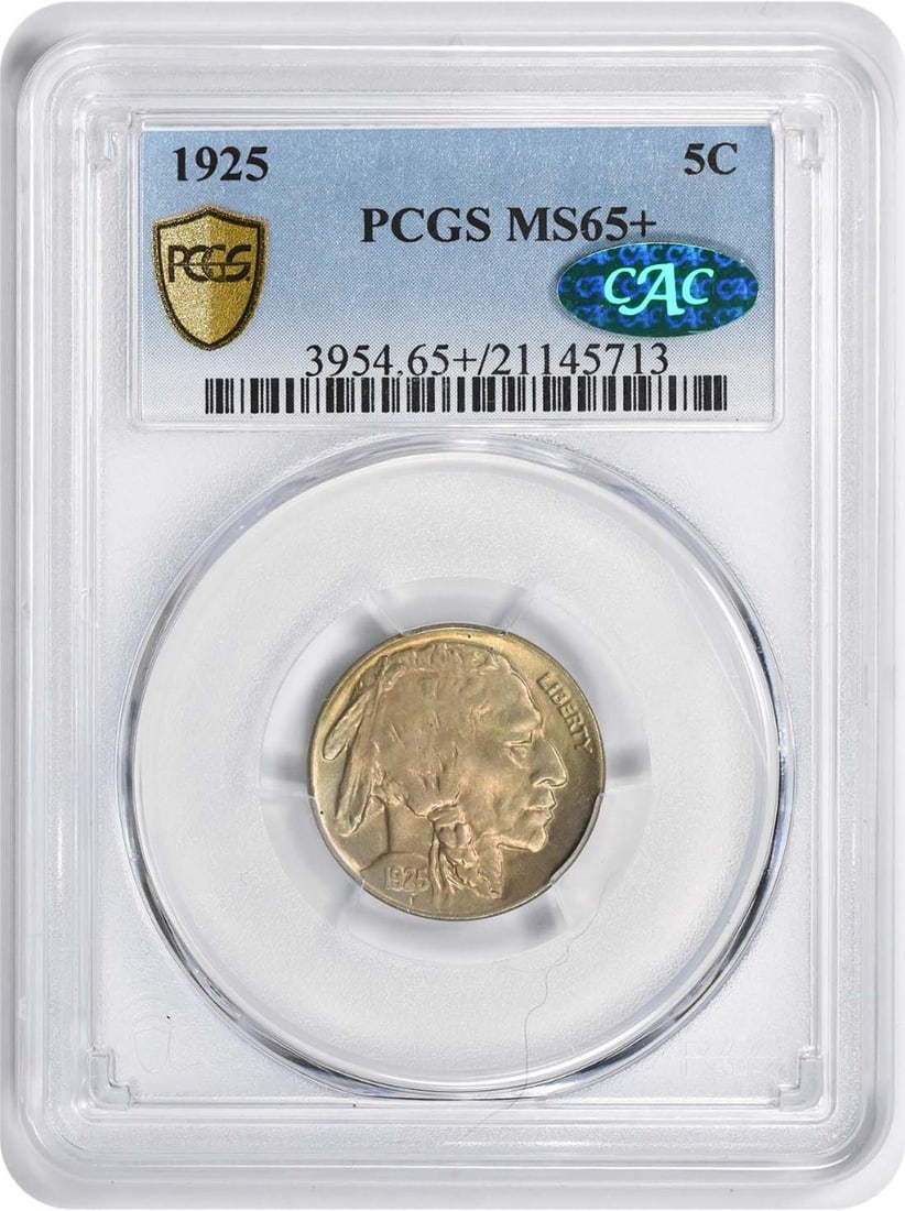 PCGS CAC 1925 Buffalo 5C Nickel MS65+: PCGS CAC 1925 Buffalo 5C Nickel MS65+ This 1925 Buffalo Nickel is graded MS65+ by PCGS and has received CAC approval. It is an uncirculated coin composed of nickel, featuring the iconic Buffalo design