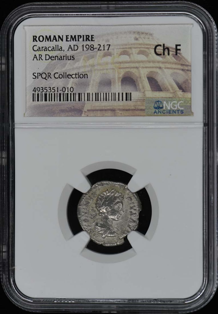 Roman Empire Denarius Silver Coin Caracalla NGC Certified F15: Roman Empire Denarius Silver Coin Caracalla NGC Certified F15 This Roman Empire AR Denarius dates from the reign of Caracalla, AD 198-217. The coin is certified by NGC with a grade of F15 and originat