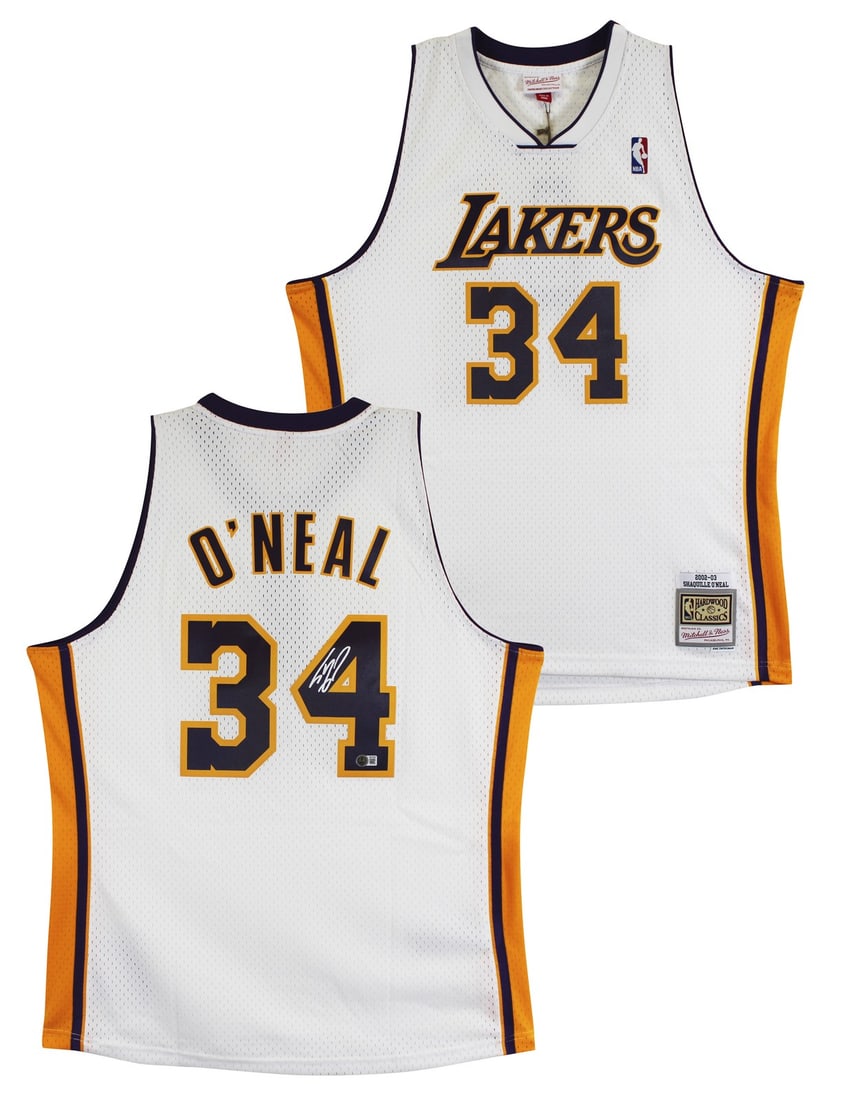 Beckett Witnessed Shaquille O Neal Lakers Mitchell Ness Swingman Jersey: Beckett Witnessed Shaquille O Neal Lakers Mitchell Ness Swingman Jersey This is an original white Mitchell & Ness 2002-03 Throwback Hardwood Classics Swingman jersey, personally signed by Shaquille O'