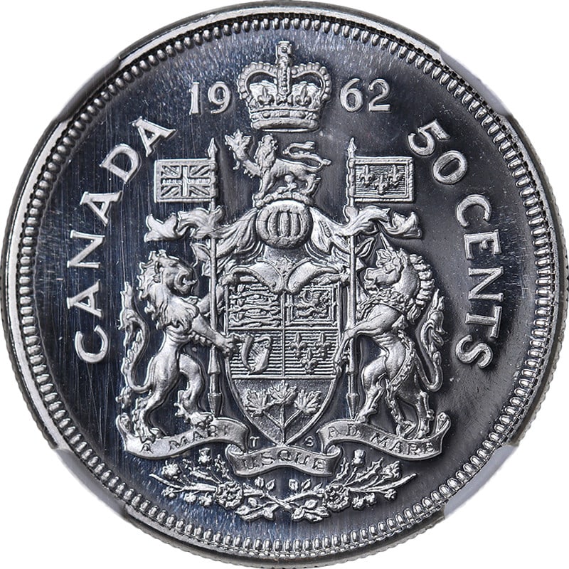 1962 Canada Silver 50 Cent NGC PL67 Cameo Proof-Like Coin: 1962 Canada Silver 50 Cent NGC PL67 Cameo Proof-Like Coin This 1962 Canada Silver 50 Cent coin is a remarkable piece, featuring exceptional eye appeal, fantastic luster, and a strong strike. Certified