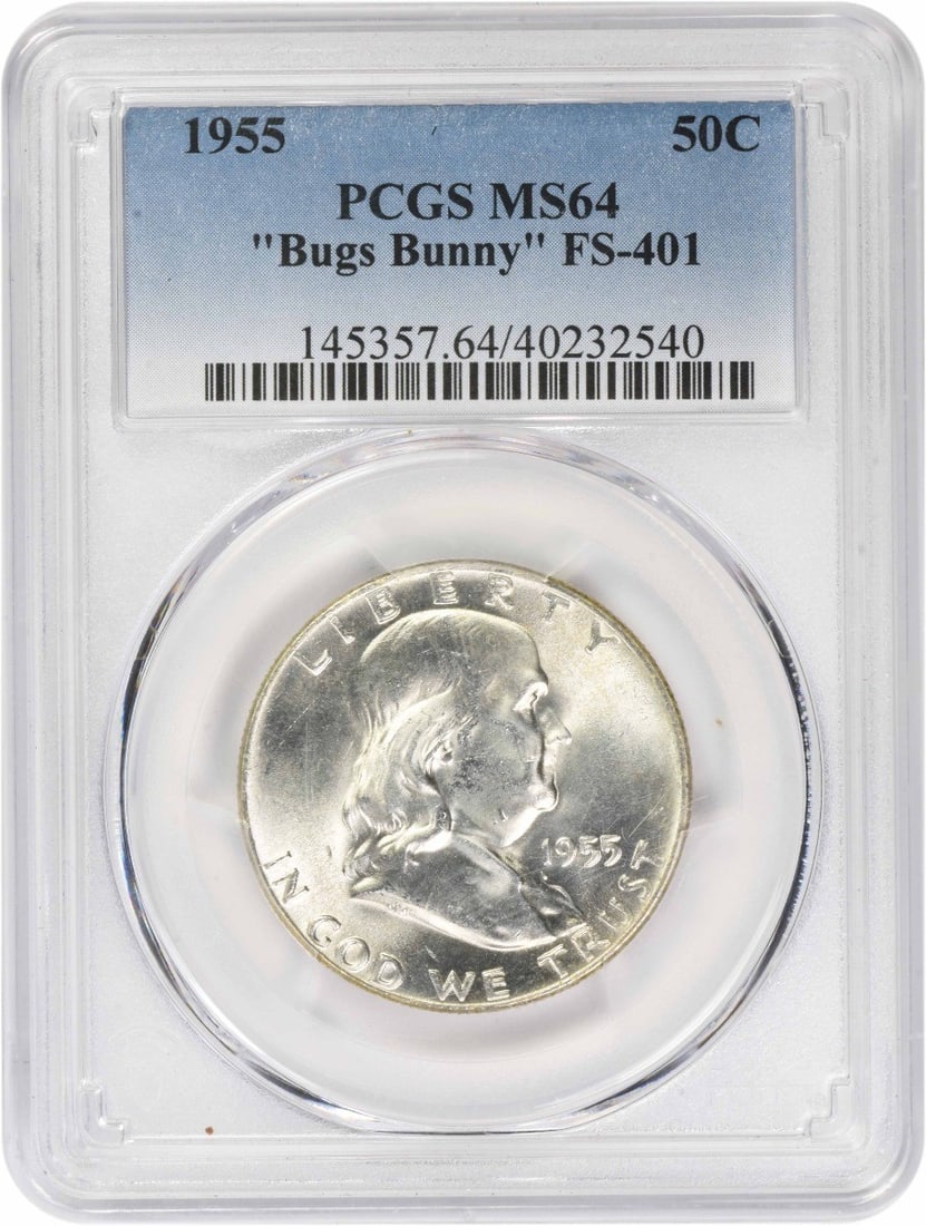 PCGS MS64 1955 Franklin 50C Silver Half Dollar FS-401 Bugs Bunny: PCGS MS64 1955 Franklin 50C Silver Half Dollar FS-401 Bugs Bunny 1955 Franklin Silver Half Dollar Bugs Bunny FS-401 certified by PCGS and graded MS64. This uncirculated United States 50C coin is a pre