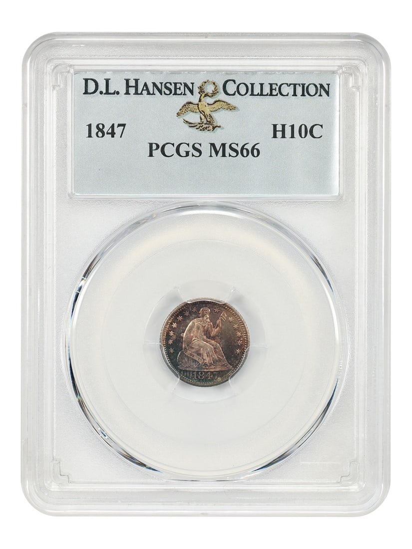 1847 Liberty Seated Half Dime PCGS MS66 ex D.L. Hansen: 1847 Liberty Seated Half Dime PCGS MS66 ex D.L. Hansen 1847 Liberty Seated Half Dime graded PCGS MS66. This uncirculated example is noted for deep rose, lavender, and teal toning on both sides, with f