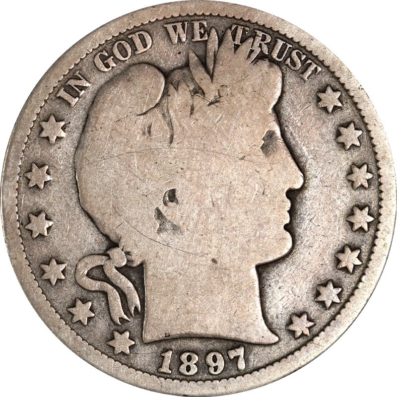1897 San Francisco Barber Half Dollar Silver Coin: 1897 San Francisco Barber Half Dollar Silver Coin This is a circulated 1897-S Barber Half Dollar composed of 90% silver. Minted in San Francisco, this pre-owned coin is from the United States and is u