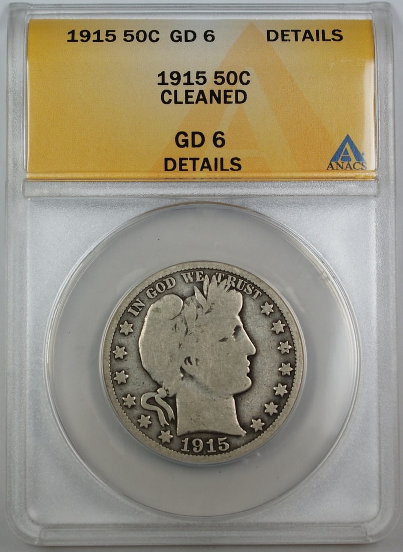 1915 ANACS G 6 Barber Half Dollar Silver Philadelphia Cleaned: 1915 ANACS G 6 Barber Half Dollar Silver Philadelphia Cleaned This 1915 Barber Silver Half Dollar was minted in Philadelphia and is composed of silver. Graded G 6 by ANACS, the coin has been cleaned a