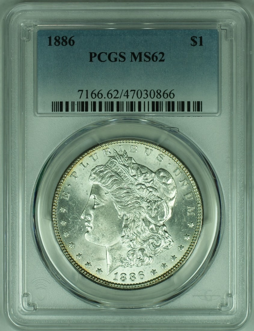 PCGS MS-62 1886 Morgan Silver Dollar Philadelphia Mint: PCGS MS-62 1886 Morgan Silver Dollar Philadelphia Mint This is an 1886 Morgan Silver Dollar coin from the United States, featuring a fineness of 0.9 and minted in Philadelphia. The coin is uncirculate