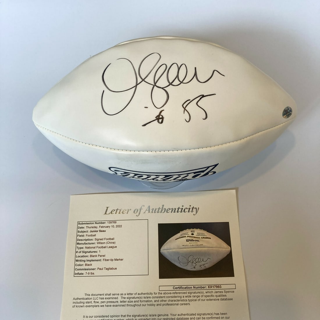 Junior Seau #55 Signed New England Patriots NFL Football JSA COA: Junior Seau #55 Signed New England Patriots NFL Football JSA COA This is a pre-owned NFL football signed by Junior Seau, featuring his iconic #55 jersey number. The football is authenticated by James 