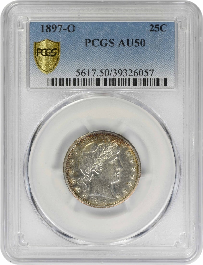 PCGS AU50 Graded 1897-O Barber Quarter 90 Percent Silver United States Coin: PCGS AU50 Graded 1897-O Barber Quarter 90 Percent Silver United States Coin This 1897-O Barber Quarter is graded AU50 by PCGS. Minted in New Orleans, it features a composition of 90% silver and 10% co