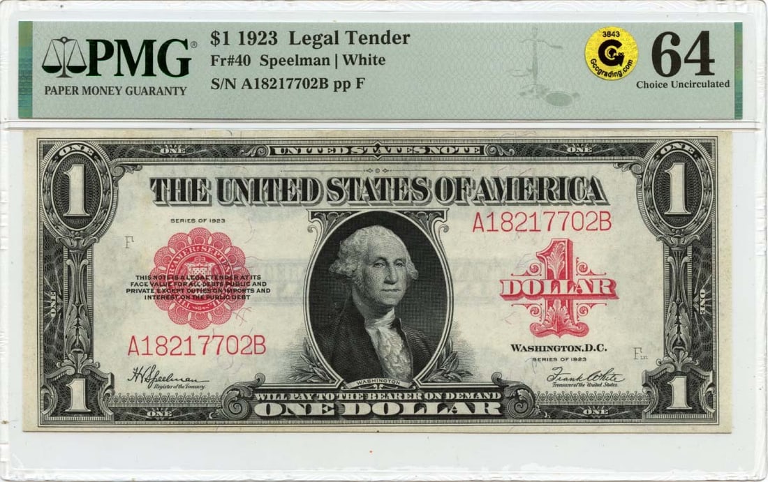 PMG MS64 1923 $1 Legal Tender Note Uncirculated Red Seal: PMG MS64 1923 $1 Legal Tender Note Uncirculated Red Seal This 1923 $1 Legal Tender note features a scalloped design and is certified by PMG with a grade of MS64, indicating it is in uncirculated condi