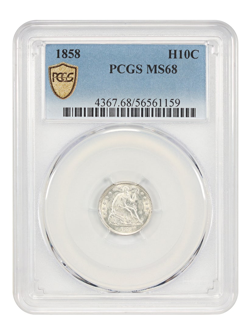 PCGS MS68 1858 Liberty Seated Half Dime H10C: PCGS MS68 1858 Liberty Seated Half Dime H10C An 1858 Liberty Seated Half Dime graded PCGS MS68. Minted in Philadelphia and certified uncirculated, this example is tied for the finest known. From a min